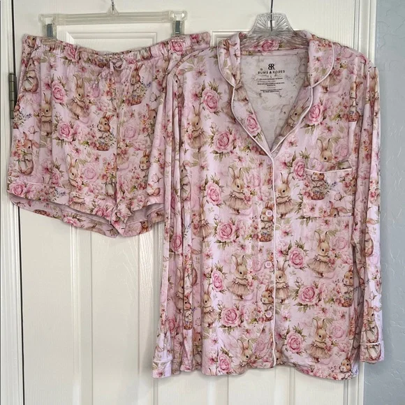 Bums & Roses NATURAL BAMBOO Collar Shirt & Shorts Set hunny bunny pajamas large - Picture 3 of 13